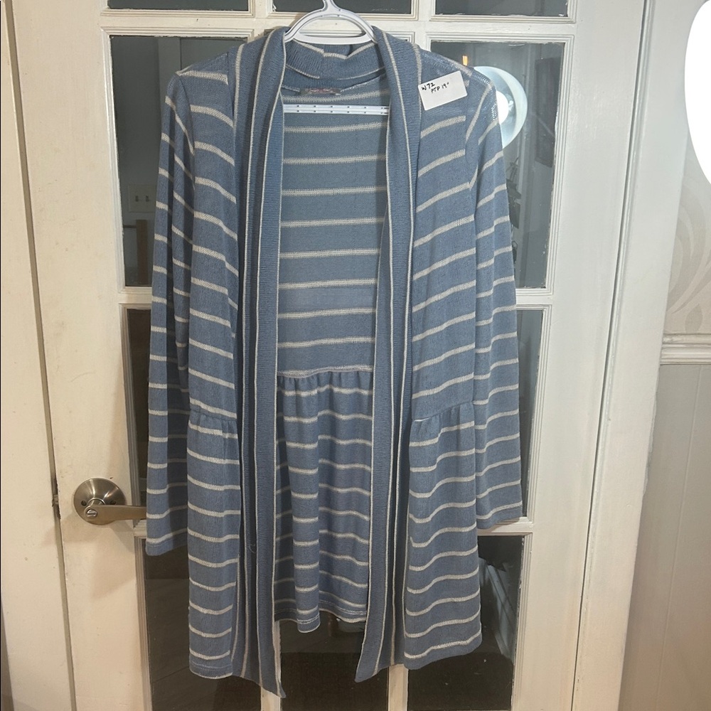 W72.   Blue and White Striped Open Cardigan